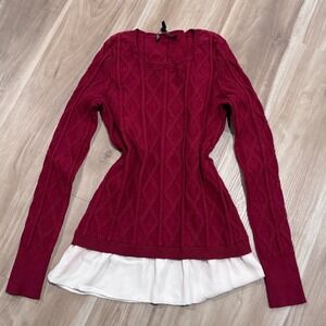 White House Black Market Burgundy Cable Knit Layered Hem Sweater y2k vibes XS s1